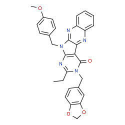 ChemSpider 2D Image | 3-(1,3-Benzodioxol-5-ylmethyl)-2-ethyl-11-(4-methoxybenzyl)-3,11-dihydro-4H-pyrimido[5',4':4,5]pyrrolo[2,3-b]quinoxalin-4-one | C30H25N5O4