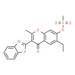 ChemSpider 2D Image | 3-(1,3-Benzothiazol-2-yl)-6-ethyl-2-methyl-4-oxo-4H-chromen-7-yl methanesulfonate | C20H17NO5S2