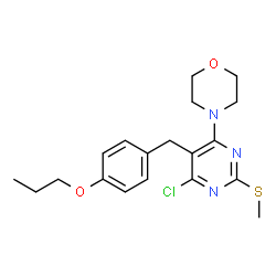 ChemSpider 2D Image | 4-[6-Chloro-2-(methylsulfanyl)-5-(4-propoxybenzyl)-4-pyrimidinyl]morpholine | C19H24ClN3O2S