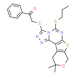 ChemSpider 2D Image | 2-{[10,10-Dimethyl-5-(propylsulfanyl)-10,11-dihydro-8H-pyrano[4',3':4,5]thieno[3,2-e][1,2,4]triazolo[4,3-c]pyrimidin-3-yl]sulfanyl}-1-phenylethanone | C23H24N4O2S3