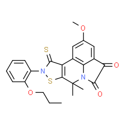 ChemSpider 2D Image | 2-Methoxy-7,7-dimethyl-9-(2-propoxyphenyl)-10-thioxo-9,10-dihydro-7H-pyrrolo[3,2,1-ij][1,2]thiazolo[5,4-c]quinoline-4,5-dione | C24H22N2O4S2