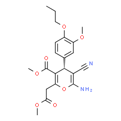 ChemSpider 2D Image | Methyl (4R)-6-amino-5-cyano-2-(2-methoxy-2-oxoethyl)-4-(3-methoxy-4-propoxyphenyl)-4H-pyran-3-carboxylate | C21H24N2O7