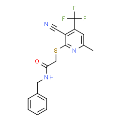 ChemSpider 2D Image | N-Benzyl-2-{[3-cyano-6-methyl-4-(trifluoromethyl)-2-pyridinyl]sulfanyl}acetamide | C17H14F3N3OS