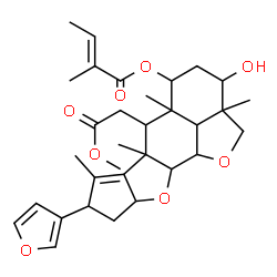ChemSpider 2D Image | 8-(3-Furyl)-3-hydroxy-6-(2-methoxy-2-oxoethyl)-2a,5a,6a,7-tetramethyl-2a,4,5,5a,6,6a,8,9,9a,10a,10b,10c-dodecahydro-2H,3H-cyclopenta[b]furo[2',3',4':4,5]naphtho[2,3-d]furan-5-yl (2E)-2-methyl-2-buteno
ate | C32H42O8