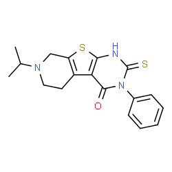 ChemSpider 2D Image | 7-Isopropyl-3-phenyl-2-sulfanyl-5,6,7,8-tetrahydropyrido[4',3':4,5]thieno[2,3-d]pyrimidin-4(3H)-one | C18H19N3OS2
