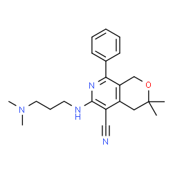ChemSpider 2D Image | 6-{[3-(Dimethylamino)propyl]amino}-3,3-dimethyl-8-phenyl-3,4-dihydro-1H-pyrano[3,4-c]pyridine-5-carbonitrile | C22H28N4O