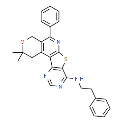 ChemSpider 2D Image | 2,2-Dimethyl-5-phenyl-N-(2-phenylethyl)-1,4-dihydro-2H-pyrano[4'',3'':4',5']pyrido[3',2':4,5]thieno[3,2-d]pyrimidin-8-amine | C28H26N4OS