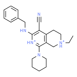 ChemSpider 2D Image | 6-(Benzylamino)-5-cyano-2-ethyl-8-(1-piperidinyl)-1,2,3,4-tetrahydro-2,7-naphthyridinediium | C23H31N5