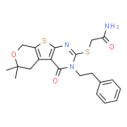 ChemSpider 2D Image | 2-{[6,6-Dimethyl-4-oxo-3-(2-phenylethyl)-3,5,6,8-tetrahydro-4H-pyrano[4',3':4,5]thieno[2,3-d]pyrimidin-2-yl]sulfanyl}acetamide | C21H23N3O3S2