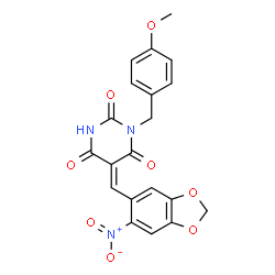 ChemSpider 2D Image | (5Z)-1-(4-Methoxybenzyl)-5-[(6-nitro-1,3-benzodioxol-5-yl)methylene]-2,4,6(1H,3H,5H)-pyrimidinetrione | C20H15N3O8