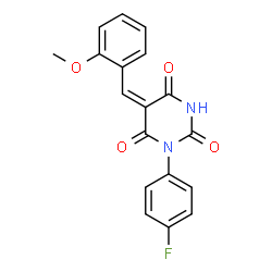 ChemSpider 2D Image | (5E)-1-(4-Fluorophenyl)-5-(2-methoxybenzylidene)-2,4,6(1H,3H,5H)-pyrimidinetrione | C18H13FN2O4