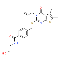 ChemSpider 2D Image | 4-{[(3-Allyl-5,6-dimethyl-4-oxo-3,4-dihydrothieno[2,3-d]pyrimidin-2-yl)sulfanyl]methyl}-N-(2-hydroxyethyl)benzamide | C21H23N3O3S2