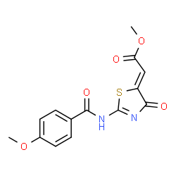 ChemSpider 2D Image | Methyl (2Z)-{2-[(4-methoxybenzoyl)amino]-4-oxo-1,3-thiazol-5(4H)-ylidene}acetate | C14H12N2O5S