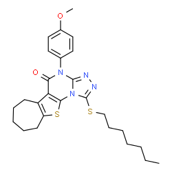 ChemSpider 2D Image | 1-(Heptylsulfanyl)-4-(4-methoxyphenyl)-7,8,9,10-tetrahydro-6H-cyclohepta[4,5]thieno[3,2-e][1,2,4]triazolo[4,3-a]pyrimidin-5(4H)-one | C26H32N4O2S2