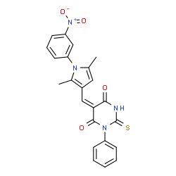 ChemSpider 2D Image | (5E)-5-{[2,5-Dimethyl-1-(3-nitrophenyl)-1H-pyrrol-3-yl]methylene}-1-phenyl-2-sulfanylpyrimidine-4,6(1H,5H)-dione | C23H18N4O4S