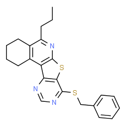 ChemSpider 2D Image | 8-(Benzylsulfanyl)-5-propyl-1,2,3,4-tetrahydropyrimido[4',5':4,5]thieno[2,3-c]isoquinoline | C23H23N3S2