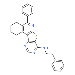 ChemSpider 2D Image | 5-Phenyl-N-(2-phenylethyl)-1,2,3,4-tetrahydropyrimido[4',5':4,5]thieno[2,3-c]isoquinolin-8-amine | C27H24N4S