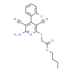 ChemSpider 2D Image | Butyl {[6-amino-4-(2-chlorophenyl)-3,5-dicyano-2-pyridinyl]sulfanyl}acetate | C19H17ClN4O2S
