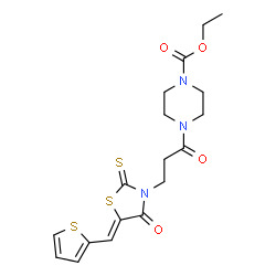ChemSpider 2D Image | Ethyl 4-{3-[(5Z)-4-oxo-5-(2-thienylmethylene)-2-thioxo-1,3-thiazolidin-3-yl]propanoyl}-1-piperazinecarboxylate | C18H21N3O4S3