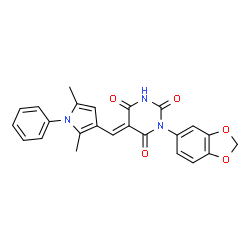 ChemSpider 2D Image | (5E)-1-(1,3-Benzodioxol-5-yl)-5-[(2,5-dimethyl-1-phenyl-1H-pyrrol-3-yl)methylene]-2,4,6(1H,3H,5H)-pyrimidinetrione | C24H19N3O5