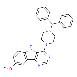 ChemSpider 2D Image | 4-[4-(Diphenylmethyl)-1-piperazinyl]-8-methoxy-5H-pyrimido[5,4-b]indole | C28H27N5O