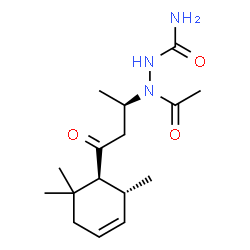 ChemSpider 2D Image | 2-Acetyl-2-{(2R)-4-oxo-4-[(1S,2R)-2,6,6-trimethyl-3-cyclohexen-1-yl]-2-butanyl}hydrazinecarboxamide | C16H27N3O3