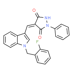 ChemSpider 2D Image | (4Z)-4-{[1-(2-Fluorobenzyl)-1H-indol-3-yl]methylene}-1-phenyl-3,5-pyrazolidinedione | C25H18FN3O2