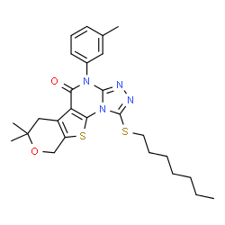 ChemSpider 2D Image | 1-(Heptylsulfanyl)-7,7-dimethyl-4-(3-methylphenyl)-6,9-dihydro-7H-pyrano[4',3':4,5]thieno[3,2-e][1,2,4]triazolo[4,3-a]pyrimidin-5(4H)-one | C26H32N4O2S2