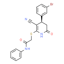 ChemSpider 2D Image | 2-{[(4R)-4-(3-Bromophenyl)-3-cyano-6-oxo-1,4,5,6-tetrahydro-2-pyridinyl]sulfanyl}-N-phenylacetamide | C20H16BrN3O2S