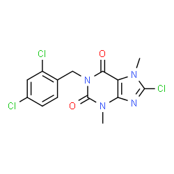 ChemSpider 2D Image | 8-Chloro-1-(2,4-dichlorobenzyl)-3,7-dimethyl-3,7-dihydro-1H-purine-2,6-dione | C14H11Cl3N4O2