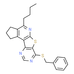 ChemSpider 2D Image | 7-(Benzylsulfanyl)-4-butyl-2,3-dihydro-1H-cyclopenta[4',5']pyrido[3',2':4,5]thieno[3,2-d]pyrimidine | C23H23N3S2