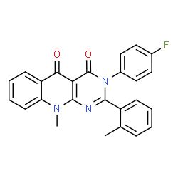 ChemSpider 2D Image | 3-(4-Fluorophenyl)-10-methyl-2-(2-methylphenyl)pyrimido[4,5-b]quinoline-4,5(3H,10H)-dione | C25H18FN3O2