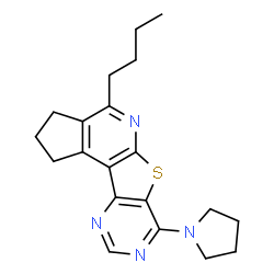 ChemSpider 2D Image | 4-Butyl-7-(1-pyrrolidinyl)-2,3-dihydro-1H-cyclopenta[4',5']pyrido[3',2':4,5]thieno[3,2-d]pyrimidine | C20H24N4S