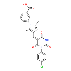 ChemSpider 2D Image | 3-(3-{(E)-[1-(4-Chlorophenyl)-2,4,6-trioxotetrahydro-5(2H)-pyrimidinylidene]methyl}-2,5-dimethyl-1H-pyrrol-1-yl)benzoic acid | C24H18ClN3O5