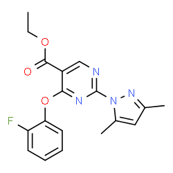ChemSpider 2D Image | Ethyl 2-(3,5-dimethyl-1H-pyrazol-1-yl)-4-(2-fluorophenoxy)-5-pyrimidinecarboxylate | C18H17FN4O3