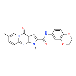 ChemSpider 2D Image | N-(2,3-Dihydro-1,4-benzodioxin-6-yl)-1,7-dimethyl-4-oxo-1,4-dihydropyrido[1,2-a]pyrrolo[2,3-d]pyrimidine-2-carboxamide | C21H18N4O4