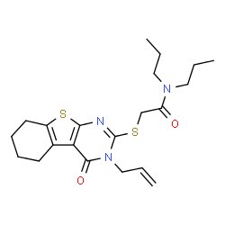 ChemSpider 2D Image | 2-[(3-Allyl-4-oxo-3,4,5,6,7,8-hexahydro[1]benzothieno[2,3-d]pyrimidin-2-yl)sulfanyl]-N,N-dipropylacetamide | C21H29N3O2S2