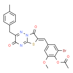 ChemSpider 2D Image | 2-Bromo-6-methoxy-4-{(Z)-[6-(4-methylbenzyl)-3,7-dioxo-7H-[1,3]thiazolo[3,2-b][1,2,4]triazin-2(3H)-ylidene]methyl}phenyl acetate | C23H18BrN3O5S