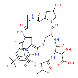 ChemSpider 2D Image | Hydroxy[18-hydroxy-28-(2-hydroxy-2-methylpropyl)-31-isopropyl-23-methyl-15,21,24,26,29,32,35-heptaoxo-12-thia-10,16,22,25,27,30,33,36-octaazapentacyclo[12.11.11.0~3,11~.0~4,9~.0~16,20~]hexatriaconta-3
(11),4,6,8-tetraen-34-yl]acetic acid | C37H50N8O12S