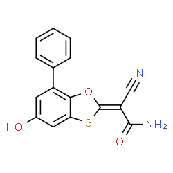 ChemSpider 2D Image | (2Z)-2-Cyano-2-(5-hydroxy-7-phenyl-1,3-benzoxathiol-2-ylidene)acetamide | C16H10N2O3S