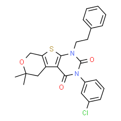 ChemSpider 2D Image | 3-(3-Chlorophenyl)-6,6-dimethyl-1-(2-phenylethyl)-1,5,6,8-tetrahydro-2H-pyrano[4',3':4,5]thieno[2,3-d]pyrimidine-2,4(3H)-dione | C25H23ClN2O3S