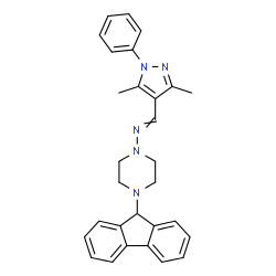 ChemSpider 2D Image | 1-(3,5-Dimethyl-1-phenyl-1H-pyrazol-4-yl)-N-[4-(9H-fluoren-9-yl)-1-piperazinyl]methanimine | C29H29N5
