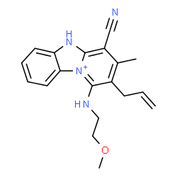 ChemSpider 2D Image | 2-Allyl-4-cyano-1-[(2-methoxyethyl)amino]-3-methyl-5H-pyrido[1,2-a][3,1]benzimidazol-10-ium | C19H21N4O