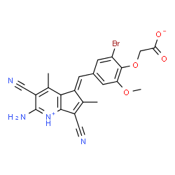 ChemSpider 2D Image | {4-[(E)-(2-Amino-3,7-dicyano-4,6-dimethyl-5H-cyclopenta[b]pyridinium-5-ylidene)methyl]-2-bromo-6-methoxyphenoxy}acetate | C22H17BrN4O4