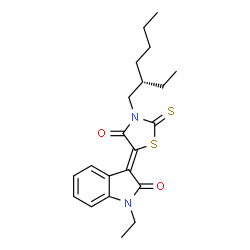 ChemSpider 2D Image | (3Z)-1-Ethyl-3-{3-[(2S)-2-ethylhexyl]-4-oxo-2-thioxo-1,3-thiazolidin-5-ylidene}-1,3-dihydro-2H-indol-2-one | C21H26N2O2S2