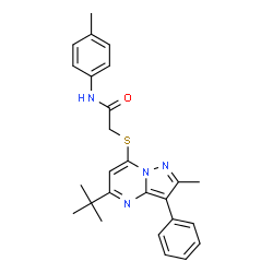 ChemSpider 2D Image | 2-[(5-tert-butyl-2-methyl-3-phenylpyrazolo[1,5-a]pyrimidin-7-yl)sulfanyl]-N-(4-methylphenyl)acetamide | C26H28N4OS