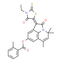 ChemSpider 2D Image | (1Z)-1-(3-Ethyl-4-oxo-2-thioxo-1,3-thiazolidin-5-ylidene)-4,4,6-trimethyl-2-oxo-1,2-dihydro-4H-pyrrolo[3,2,1-ij]quinolin-8-yl 2-methylbenzoate | C27H24N2O4S2