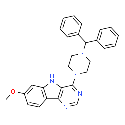 ChemSpider 2D Image | 4-[4-(Diphenylmethyl)-1-piperazinyl]-7-methoxy-5H-pyrimido[5,4-b]indole | C28H27N5O