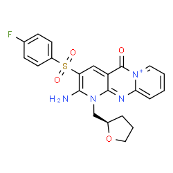 ChemSpider 2D Image | 2-Amino-3-[(4-fluorophenyl)sulfonyl]-5-oxo-1-[(2R)-tetrahydro-2-furanylmethyl]-1,5-dihydrodipyrido[1,2-a:2',3'-d]pyrimidin-6-ium | C22H20FN4O4S