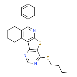 ChemSpider 2D Image | 8-(Butylsulfanyl)-5-phenyl-1,2,3,4-tetrahydropyrimido[4',5':4,5]thieno[2,3-c]isoquinoline | C23H23N3S2